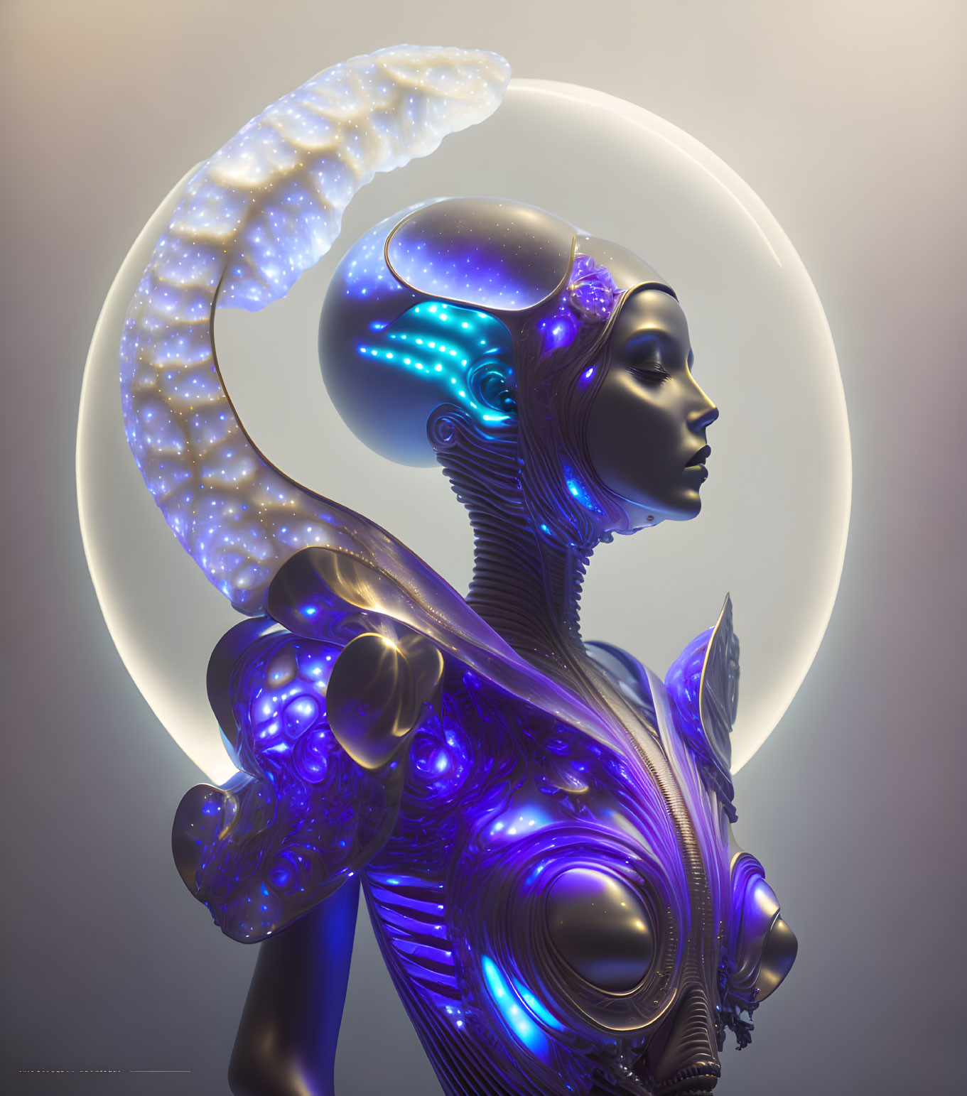 Futuristic female android with glowing blue circuit pattern and luminous crescent halo