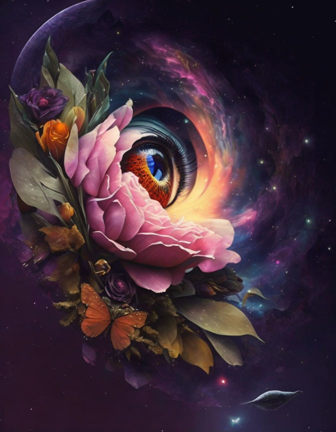 Surreal cosmic image with human eye, flowers, butterflies, and galaxy swirls