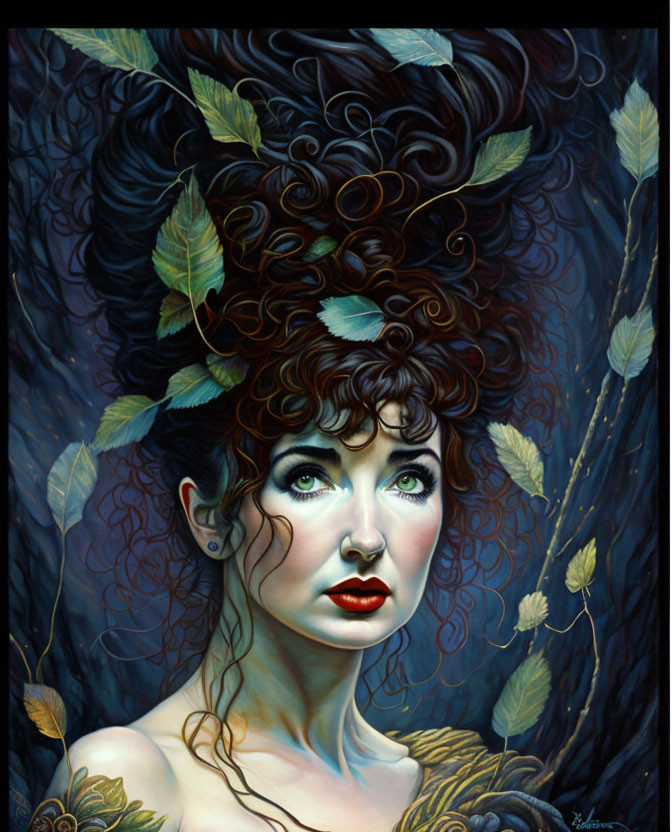 Woman with Leaf-Adorned Hair & Green Eyes on Dark Floral Background