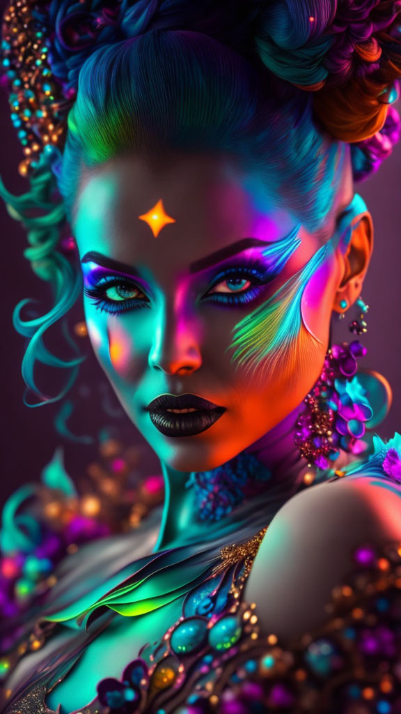 Colorful portrait of a woman with neon makeup on dark background