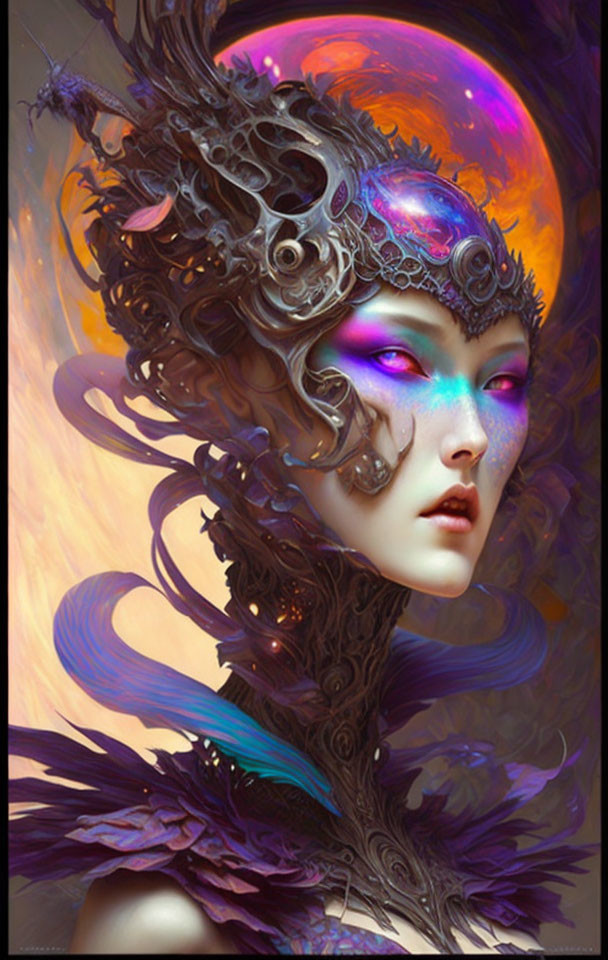 Fantastical portrait of a woman with metal headgear and armor in vibrant colors