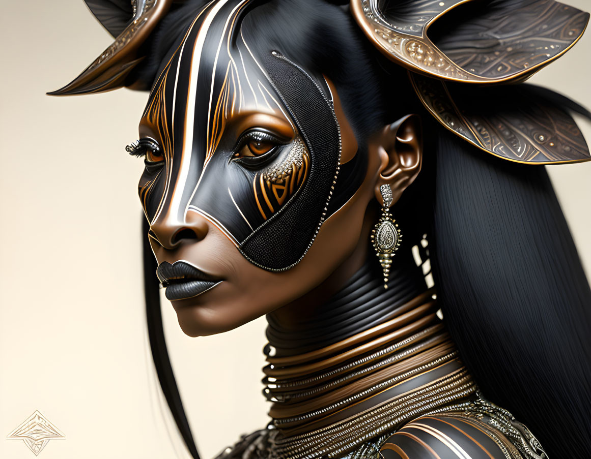 Digital artwork featuring woman with tribal makeup & zebra-patterned metallic headgear