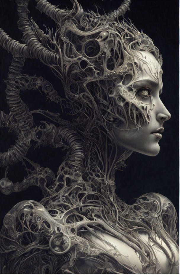 Monochromatic surreal portrait with organic and mechanical structures.