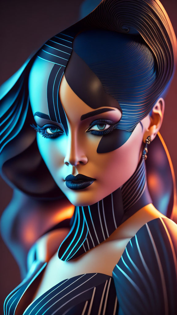 Stylized female figure with black and blue skin and intense gaze on warm backdrop