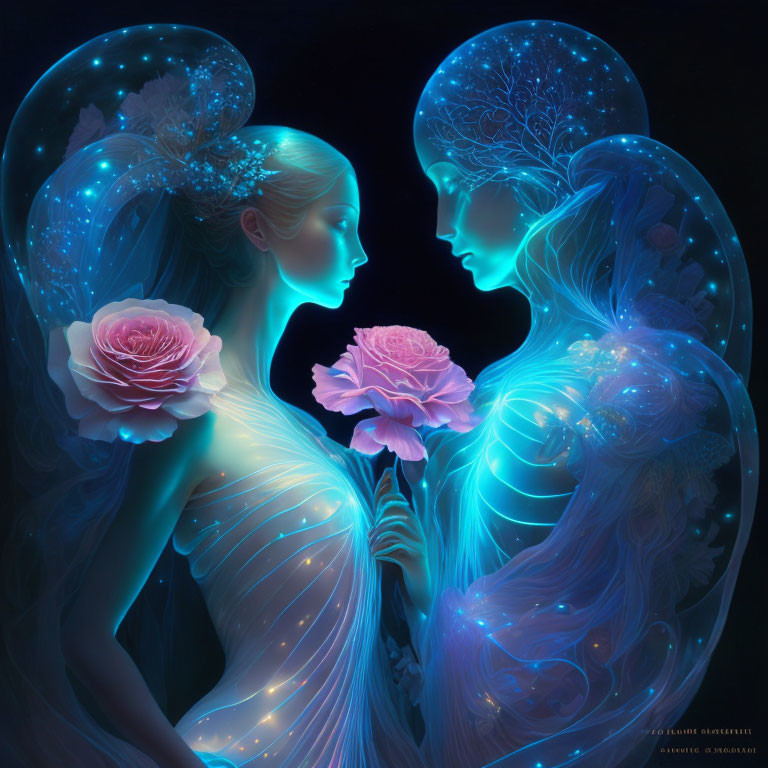 Ethereal figures with glowing blue accents holding pink flower on dark backdrop