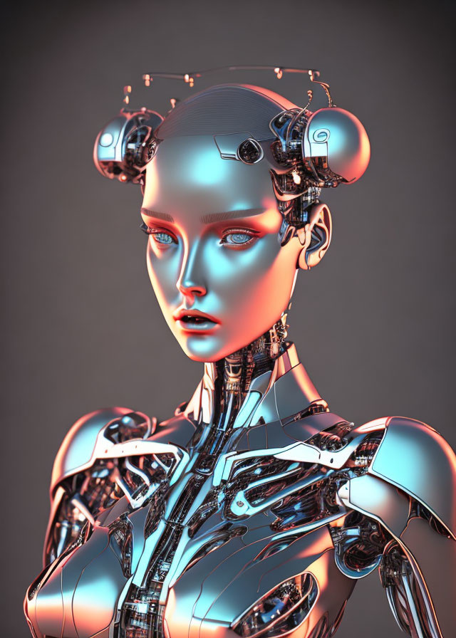 Detailed futuristic female robot with humanoid face and intricate headgear on grey background