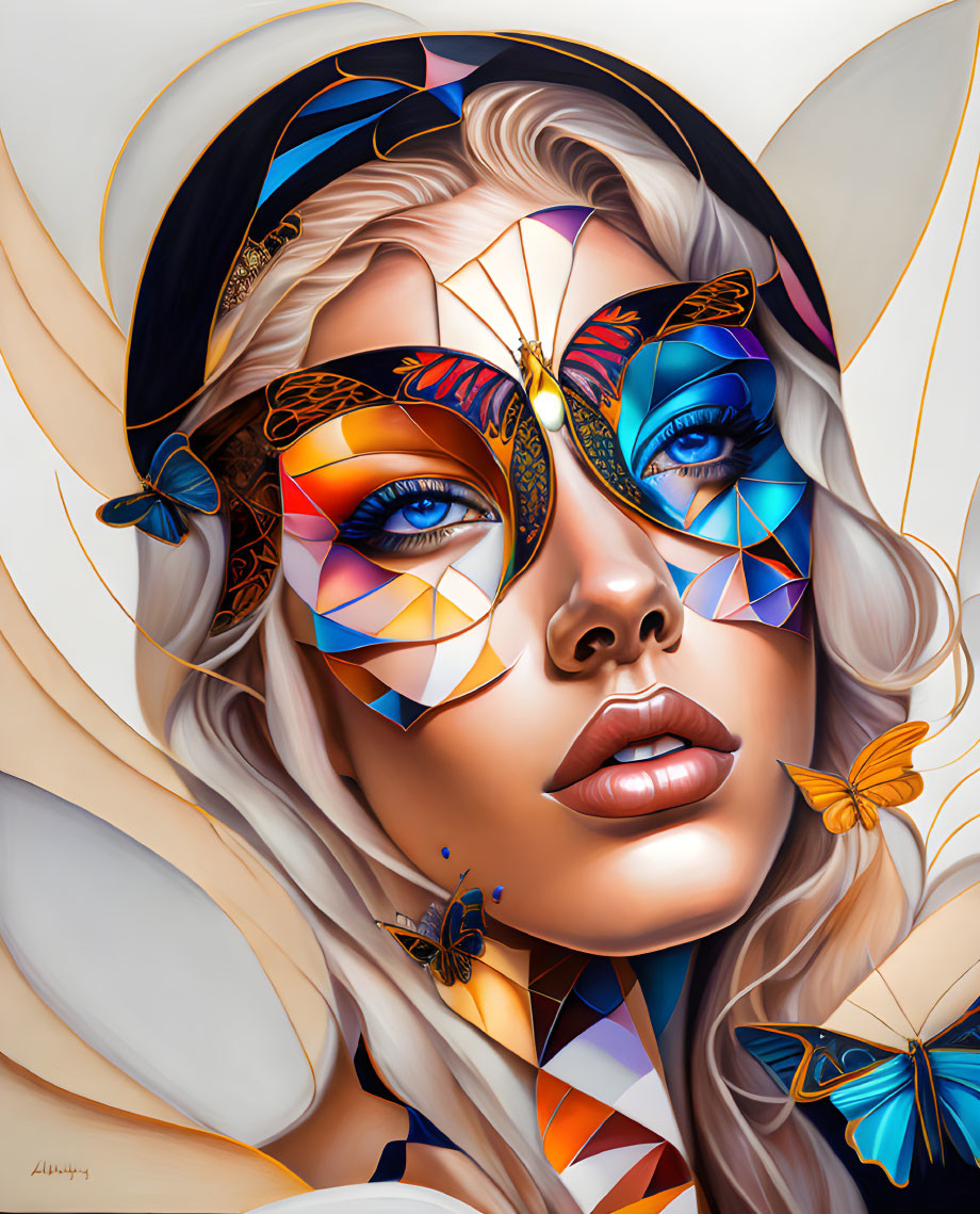 Digital illustration of woman with geometric patterns, butterfly eye cover, and blue eyes.