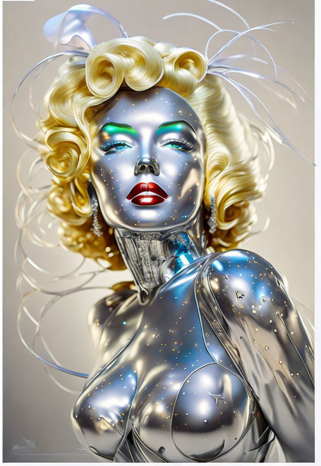 Futuristic Woman with Metallic Skin and Blue Eyes on Neutral Background