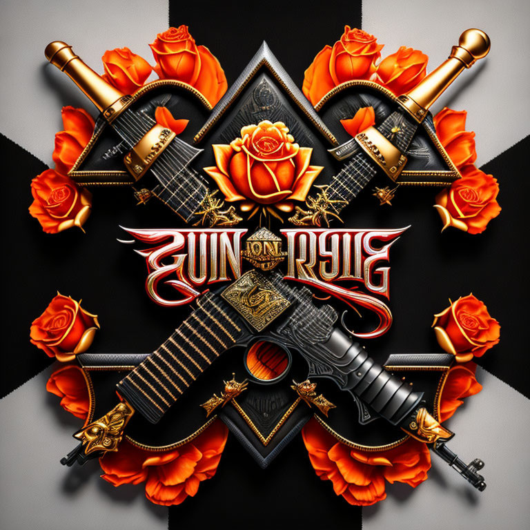 Symmetrical ornate gun, crossed swords, roses, and gothic text on black background