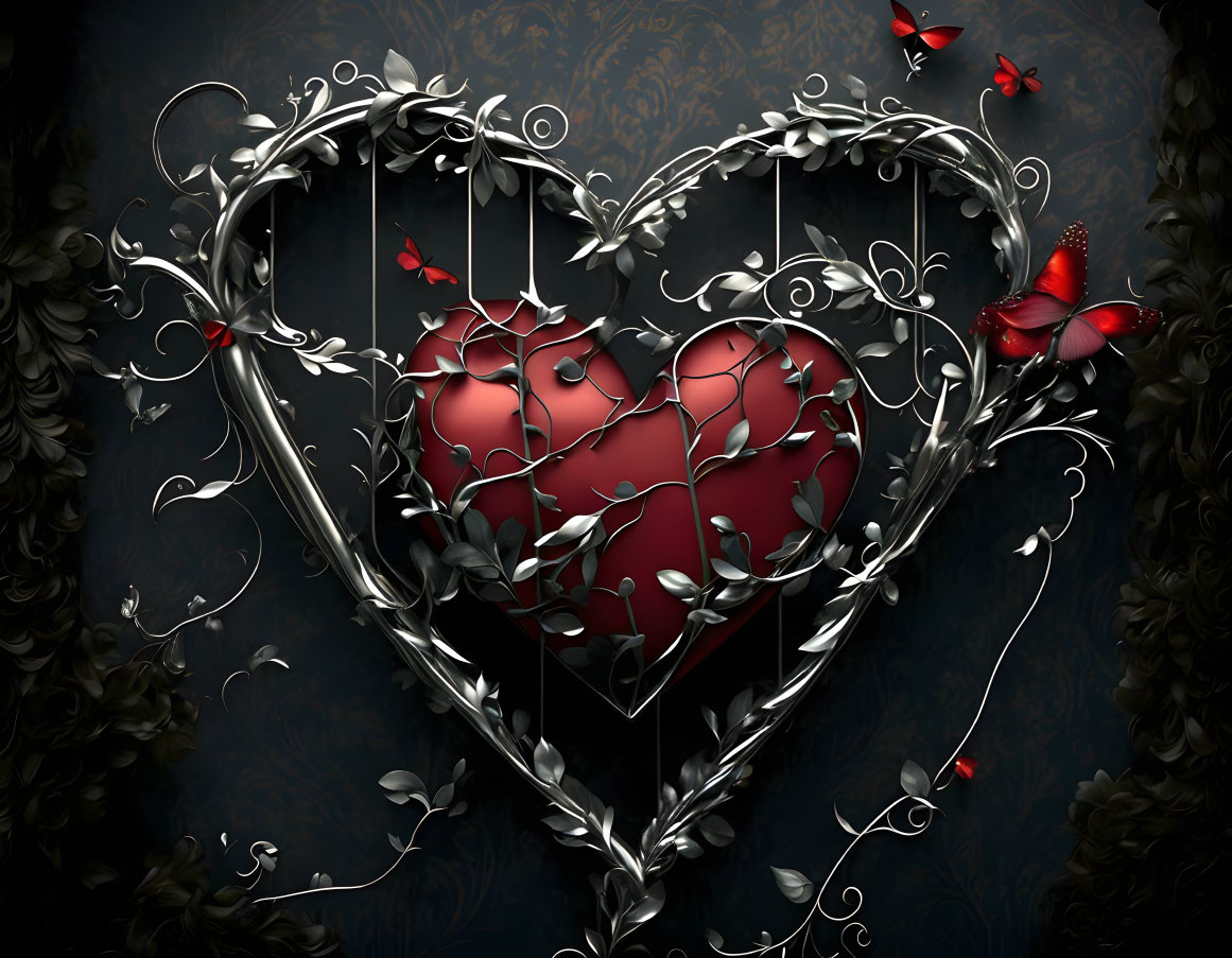 Stylized silver heart frame with vines and red butterflies on dark floral background