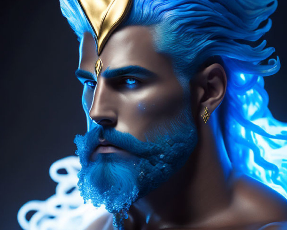 Stylized portrait of male figure with blue hair, beard, glowing accents, and golden horn head