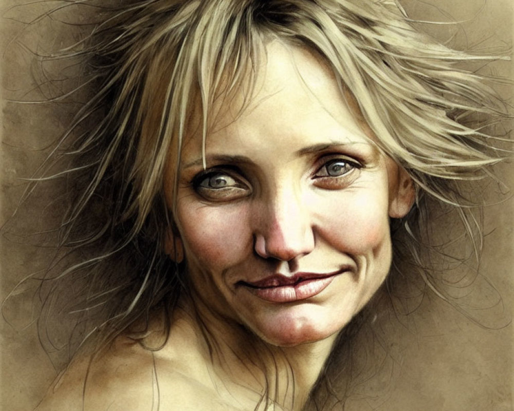 Smiling woman with tousled blonde hair in warm sepia-toned portrait