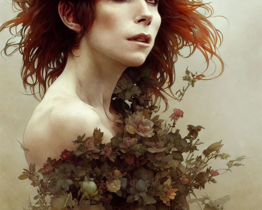 Digital artwork: Woman with flowing red hair and floral dress blending into skin