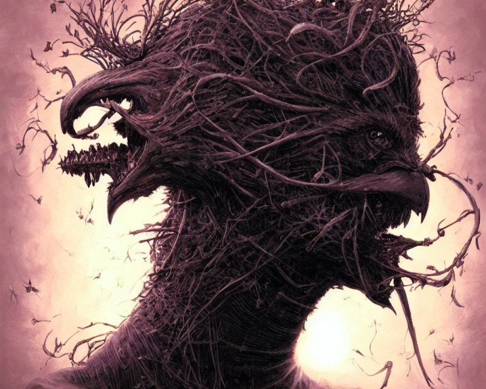 Eerie creature with twisted branches for hair and beak-like mouth under dusky sky