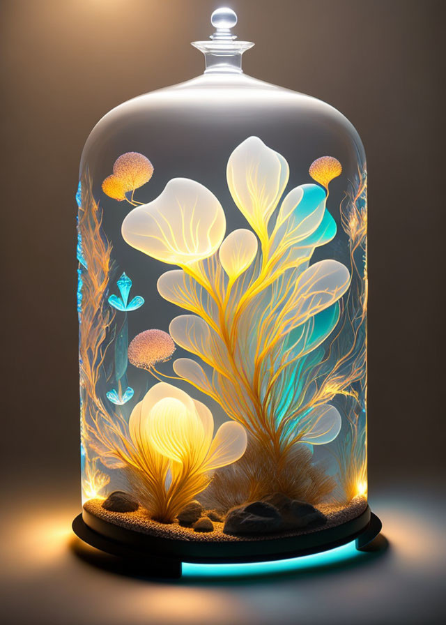 Glass terrarium with illuminated underwater scene featuring jellyfish and sea plants on warm gradient backdrop