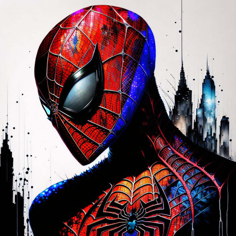 Detailed Spider-Man illustration in dynamic pose against abstract cityscape