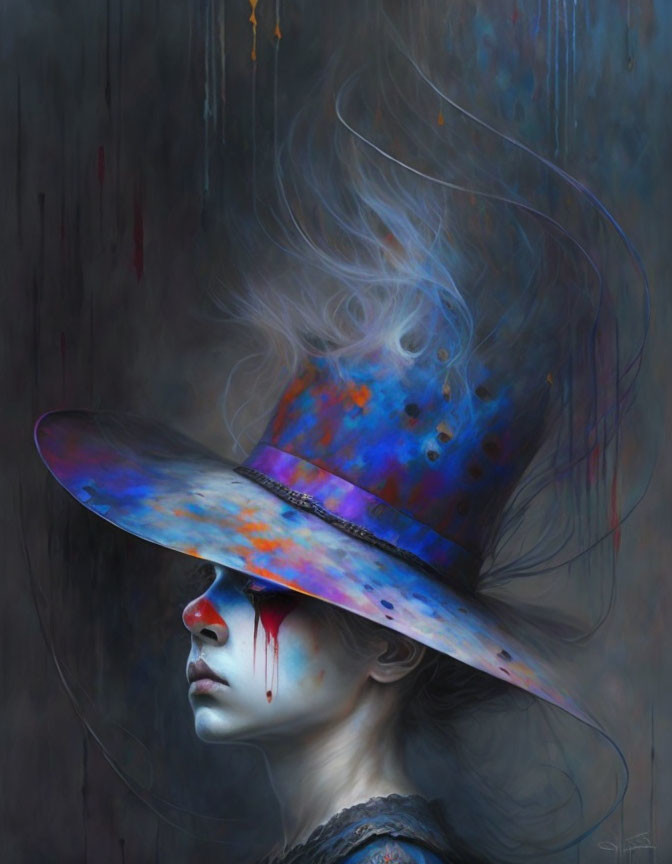 Surreal portrait of person with smoky silhouette and vibrant paint-splattered hat