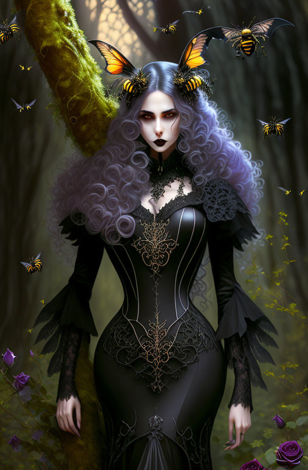 Gothic fantasy illustration of pale woman with purple-grey hair in black corset dress