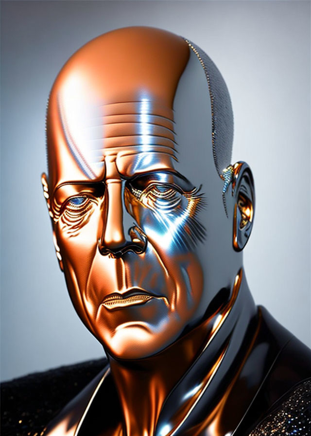 Detailed humanoid robot digital artwork with reflective metallic surface