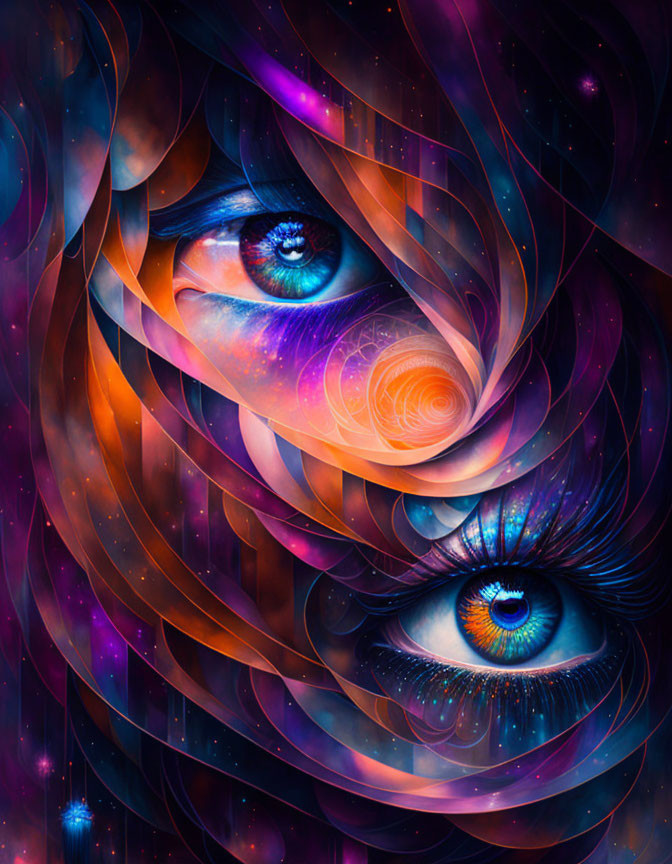 Colorful cosmic-themed digital artwork with swirling patterns and stars in blue, purple, and orange.