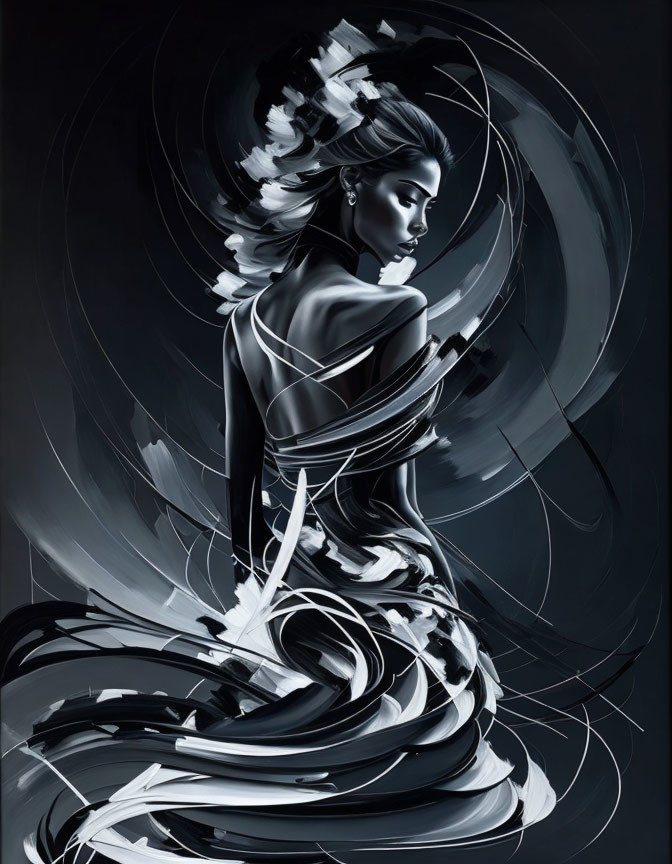 Monochromatic image: Woman with swirling patterns for dynamic movement