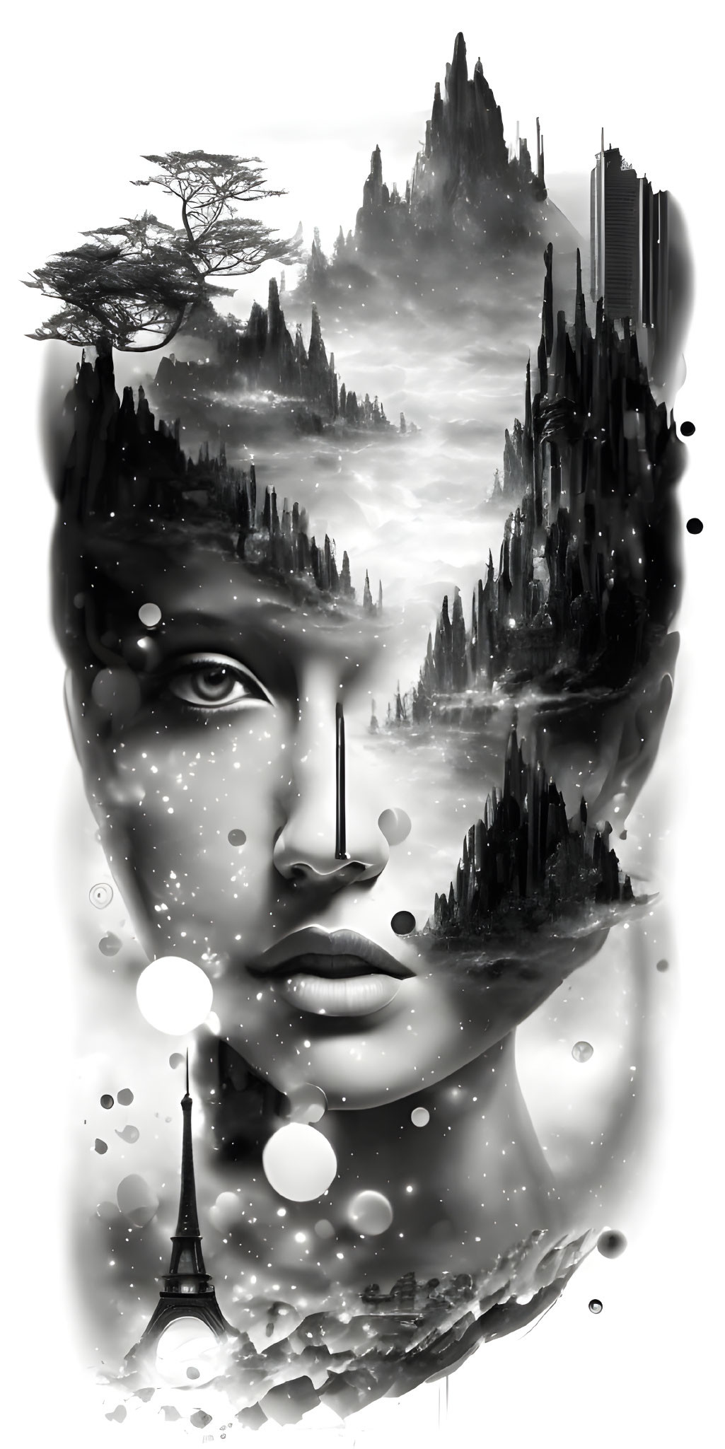 Surrealist monochromatic artwork: woman's face merges with Eiffel Tower and fantastical