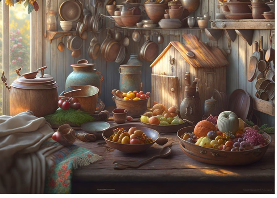 Rustic kitchen scene with wooden table, fresh fruits, pottery, and cookware in warm light