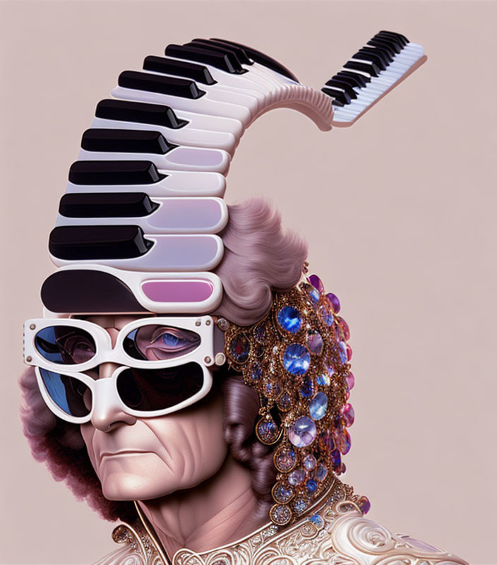 Surreal artwork: person with sunglasses, headdress becomes piano keyboard