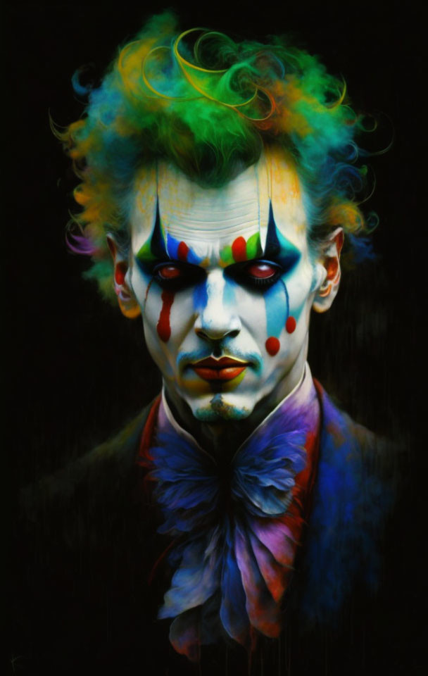 Vivid clown portrait with smudged makeup on black backdrop