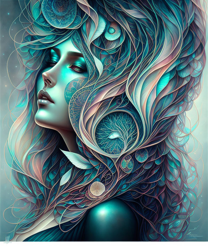 Woman adorned with turquoise and teal feathers and patterns, emitting dreamy aura