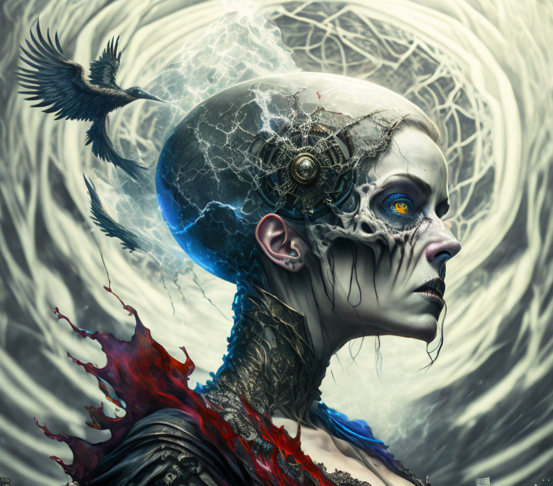 Surreal humanoid portrait with cracked mechanical head and crow on grey backdrop