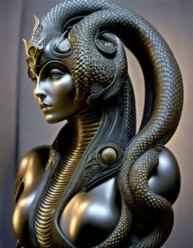 Metallic serpent-themed woman bust with intricate headgear and snake-like textures.