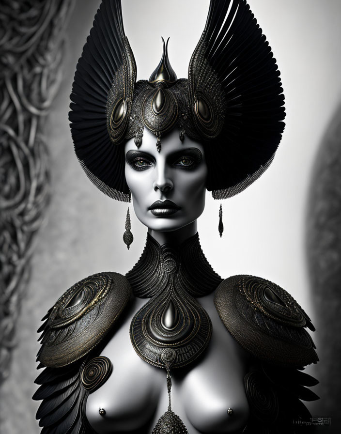 Monochrome portrait of person in gothic headgear and shoulder armor