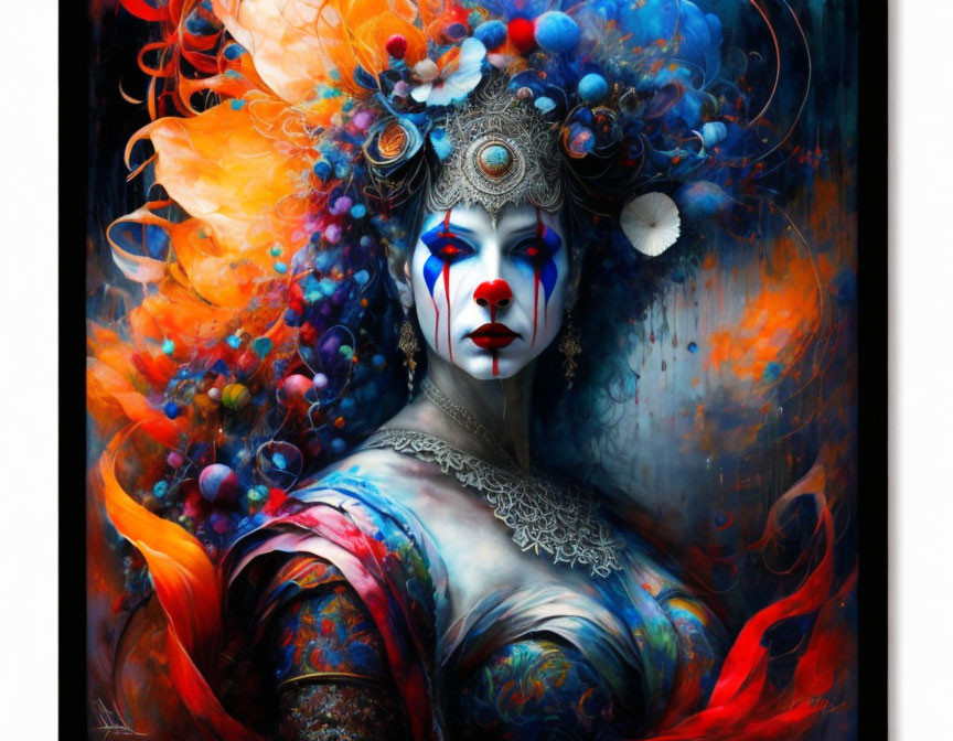 Colorful figure with face paint and fantasy headdress in swirling backdrop