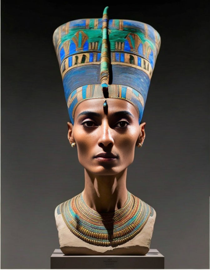 Elaborate ancient Egyptian headdress with cobra and ornate collar on person