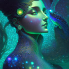 Futuristic woman with metallic jewelry and parrot on green backdrop