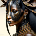 Digital artwork featuring woman with tribal makeup & zebra-patterned metallic headgear