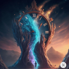 Fantastical digital artwork of woman with blue skin and celestial elements against cosmic clock and starry backdrop