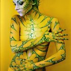 Fantastical humanoid creature with reptilian appearance and lizard-like companion on yellow backdrop