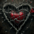 Stylized silver heart frame with vines and red butterflies on dark floral background