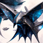 Mechanical dragon with glowing blue circuits flies with futuristic aircraft.