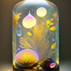 Glass terrarium with illuminated underwater scene featuring jellyfish and sea plants on warm gradient backdrop