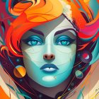 Colorful portrait of a woman with orange and turquoise hair and abstract splashes