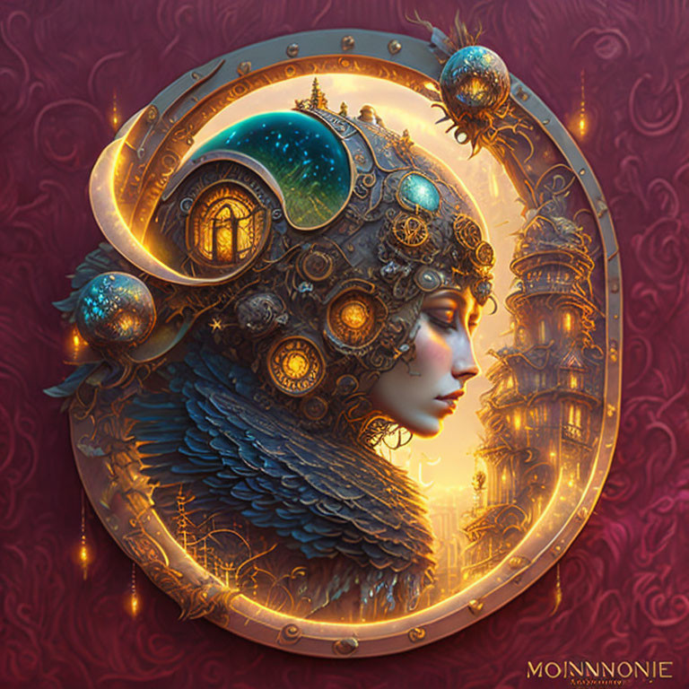 Steampunk-inspired profile of a woman with mechanical elements and celestial orbs on a red backdrop