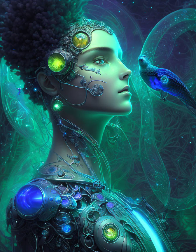 Futuristic woman with metallic jewelry and parrot on green backdrop