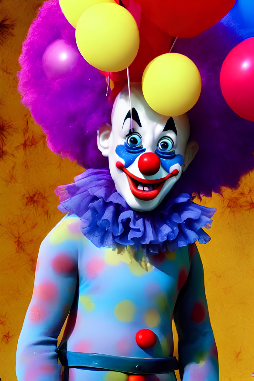 Colorful clown with polka dot costume, vibrant wig, red nose, and balloons on yellow backdrop