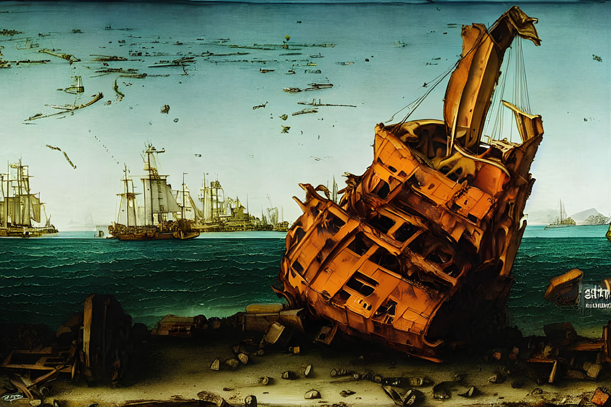 Capsized ship with exposed hull near dock and ships under blue sky