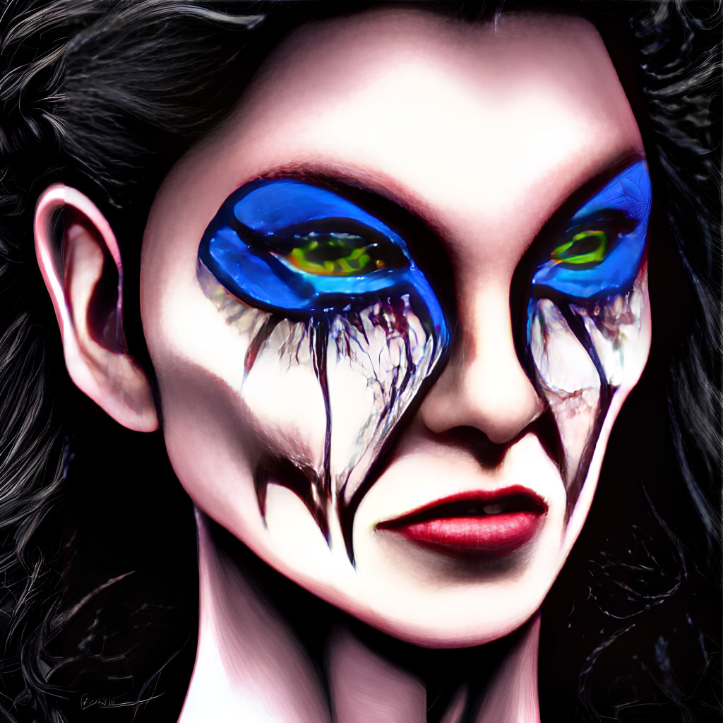 Digital Artwork: Woman with Striking Blue Eyes and Exaggerated Tears