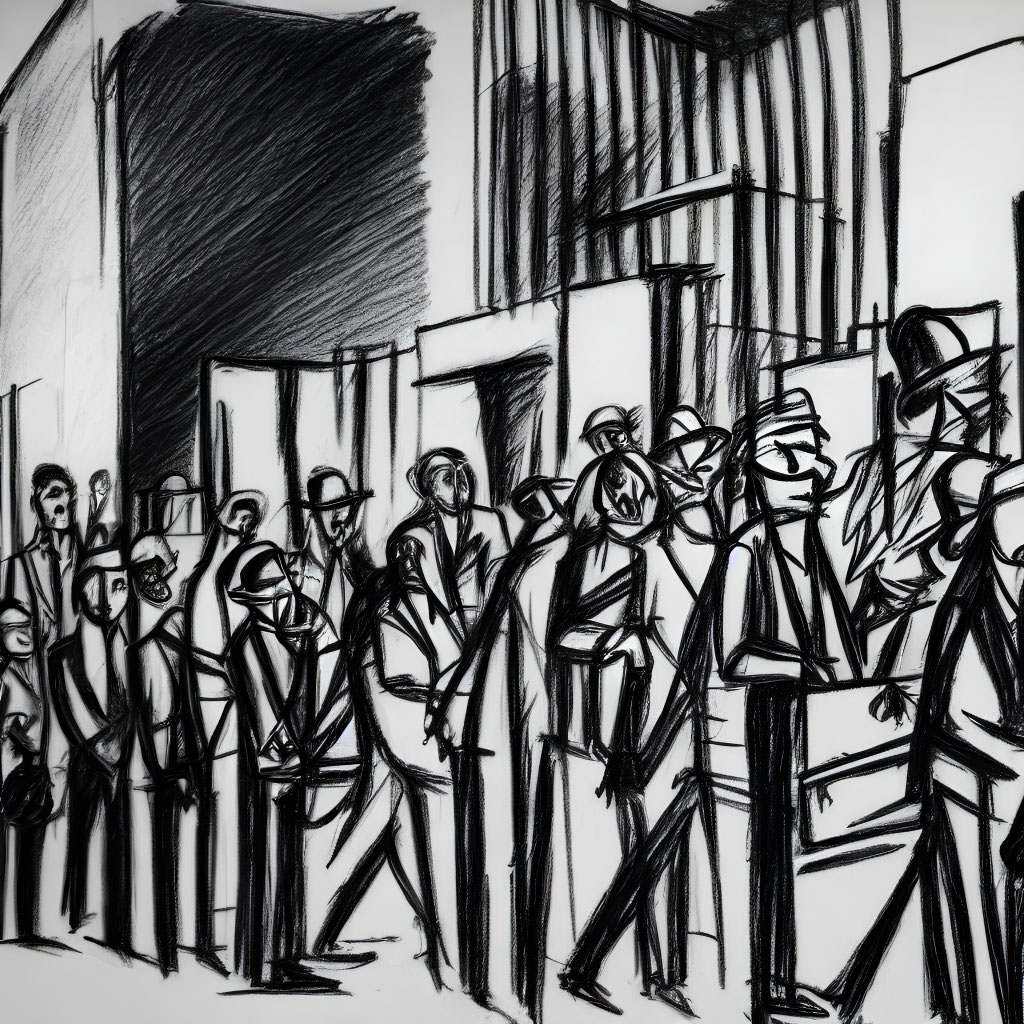 Stylized sketch of city crowd in suits and hats