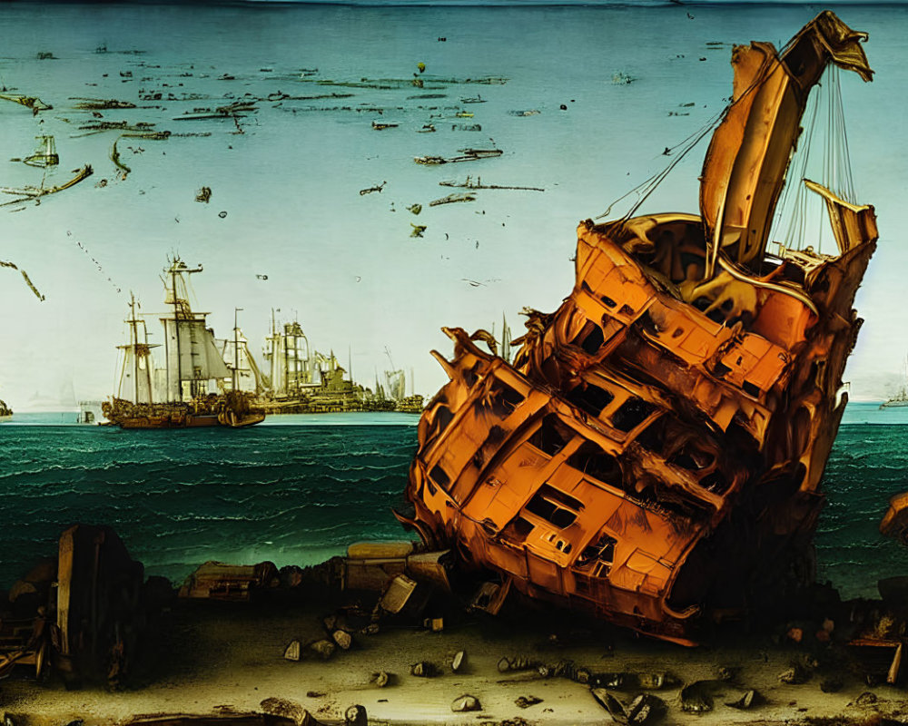 Capsized ship with exposed hull near dock and ships under blue sky